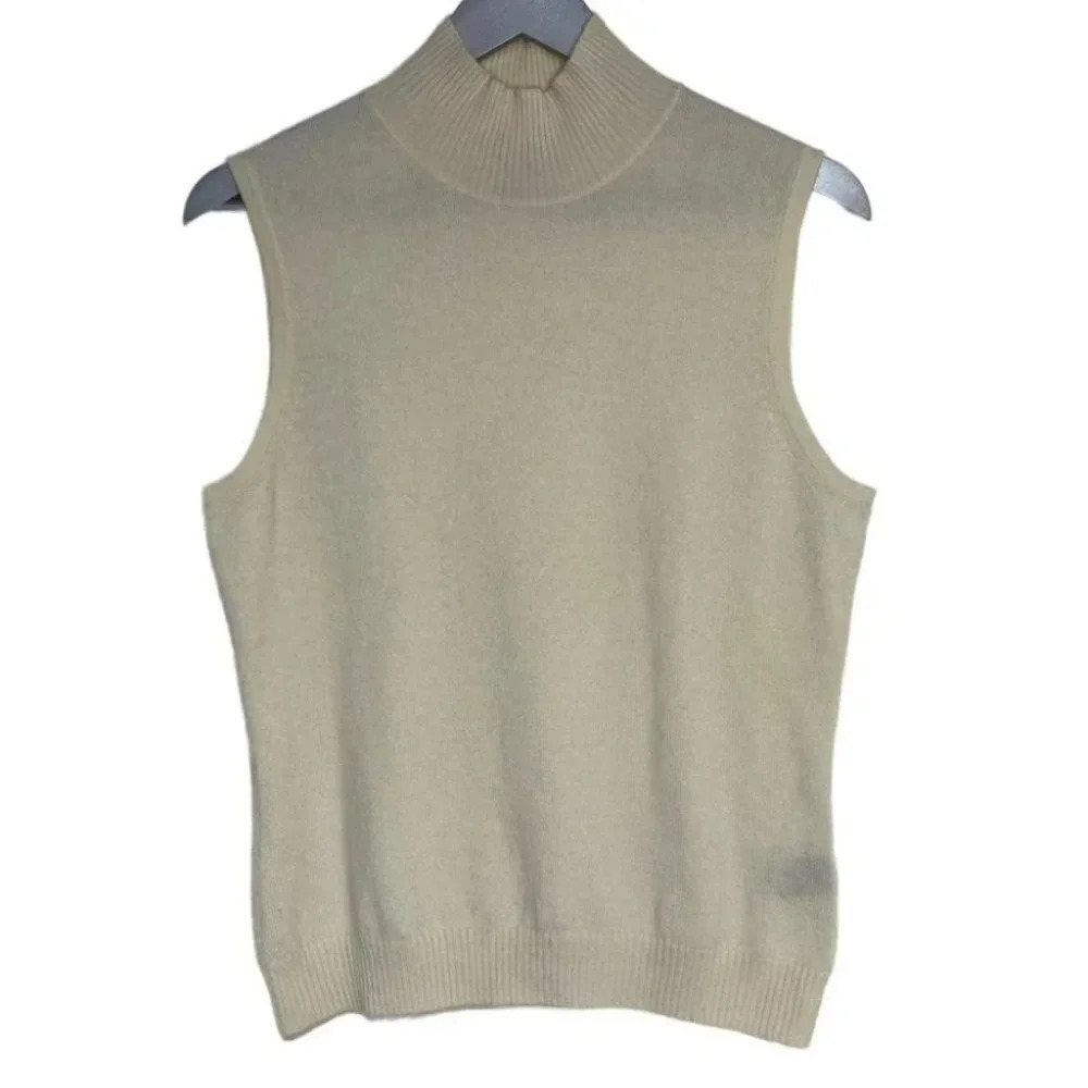 Prive‎ Cashmere L Ivory sleeveless mock neck sweater